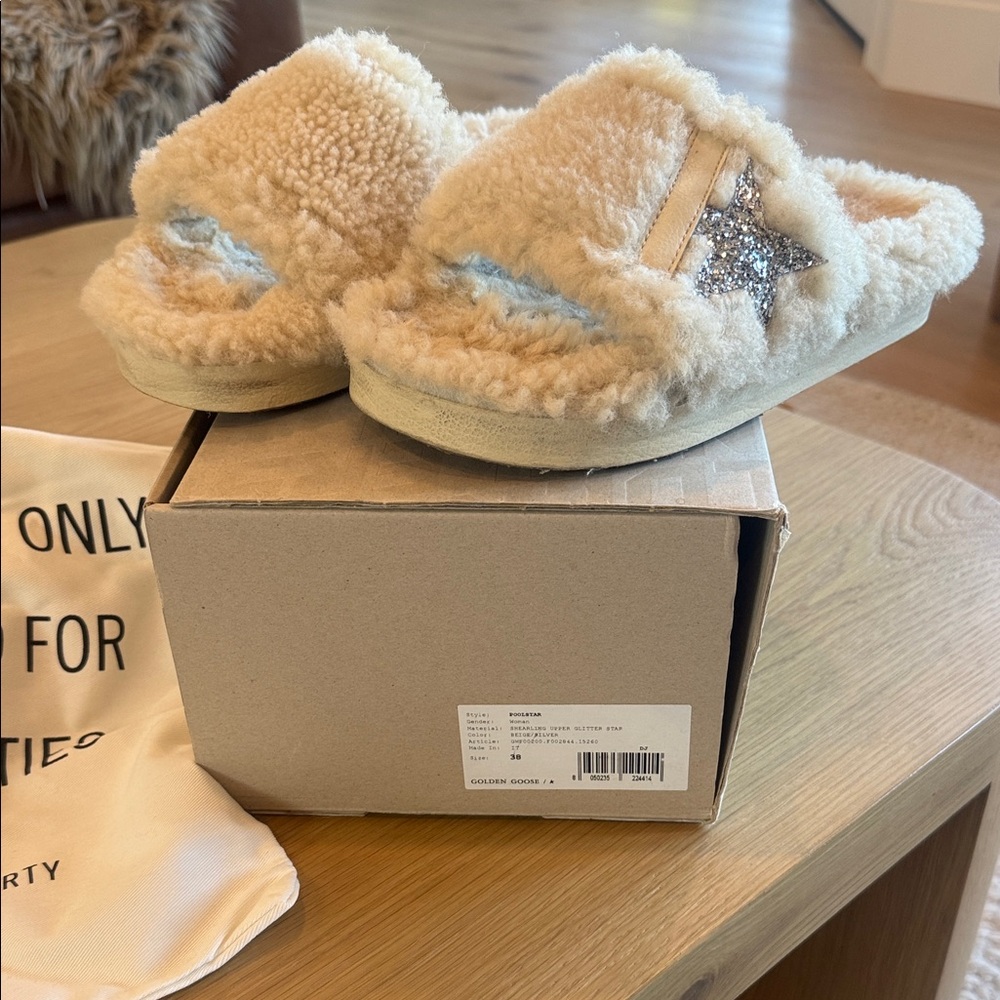 Golden Goose Cream Shearling Slippers with Glitter Star